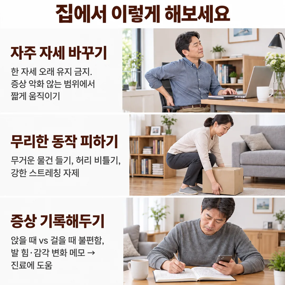 자주 자세 바꾸기, 무거운 물건 들기·허리 비틀기 등 무리한 동작 피하기, 앉을 때와 걸을 때의 불편을 기록해두기라는 집에서 지킬 세 가지 수칙을 정리한 카드