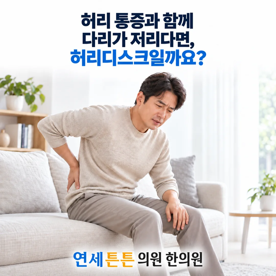 소파에 앉아 허리를 짚고 통증을 호소하는 남성의 모습과, 허리 통증과 함께 다리가 저리다면 허리디스크인지 묻는 연세튼튼의원 한의원 건강정보 안내 카드
