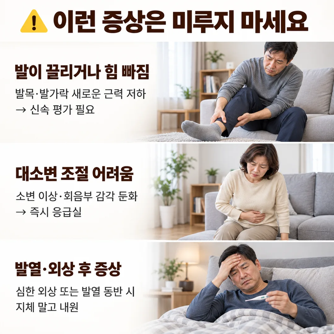 발이 끌리거나 힘이 빠지는 경우, 대소변 조절이 갑자기 어려워지는 경우, 발열·외상 후 증상이 생긴 경우는 즉시 평가가 필요하다는 세 가지 미루면 안 되는 신호를 정리한 카드