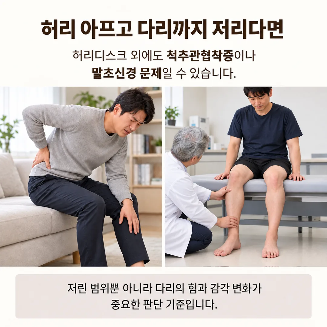 허리를 짚고 통증을 호소하는 모습과 다리 감각을 확인하는 진찰 장면, 허리디스크 외에도 척추관협착증이나 말초신경 문제일 수 있으며 다리의 힘과 감각 변화가 중요한 판단 기준이라는 내용을 정리한 카드