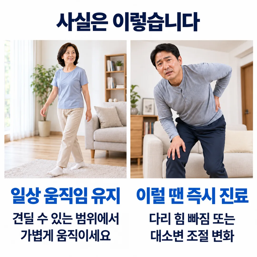 견딜 수 있는 범위에서 일상적인 움직임을 유지하는 모습과 다리 힘이 빠지거나 대소변 조절이 달라지면 즉시 진료가 필요하다는 두 장면을 통해, 허리 통증이 몇 주 이상 이어진다면 다리 증상과 걸음걸이 변화까지 함께 살펴보라는 연세튼튼의원 한의원 마무리 안내 카드
