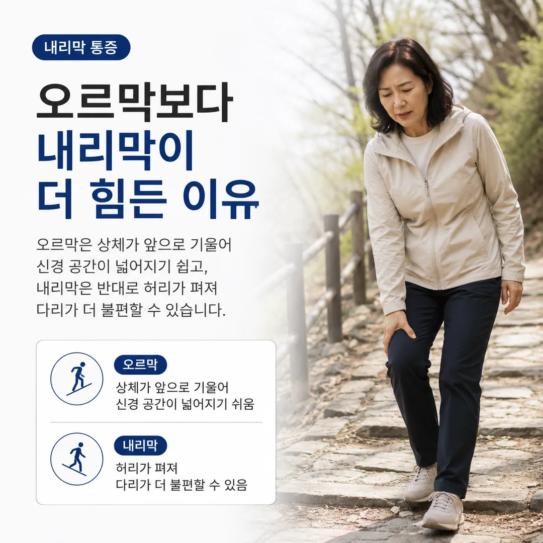 돌계단 산책로 내리막에서 무릎을 짚은 중년 여성과, 오르막은 상체가 기울어 신경 공간이 넓어지기 쉽고 내리막은 허리가 펴져 다리가 더 불편할 수 있다는 설명 카드