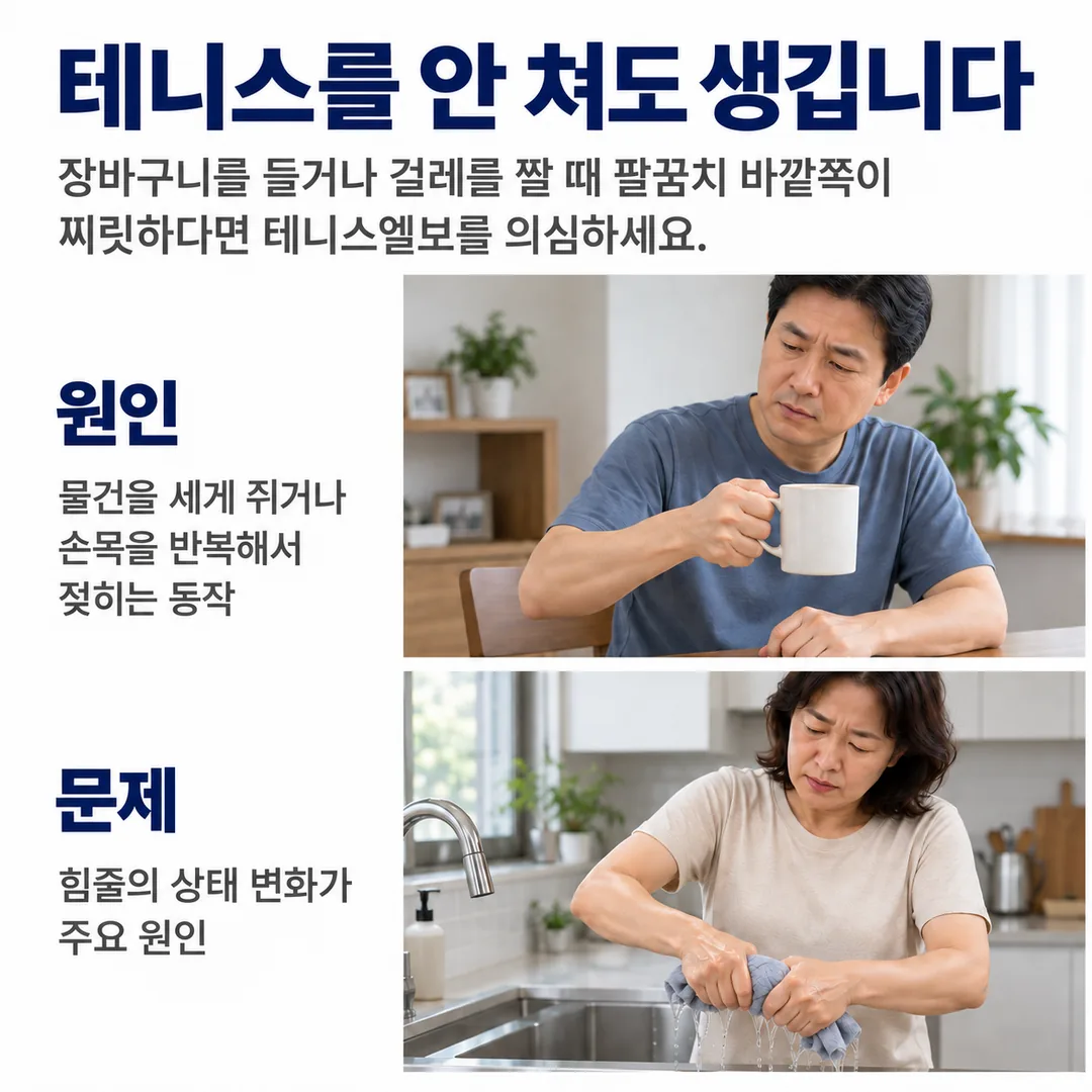 머그잔을 쥐는 동작과 걸레를 비틀어 짜는 동작에서 팔꿈치 바깥쪽 통증이 나타날 수 있다는 두 장면을 통해, 테니스를 치지 않아도 생기는 통증이니 반복 동작을 조절해 보라는 연세튼튼의원 한의원 마무리 안내 카드