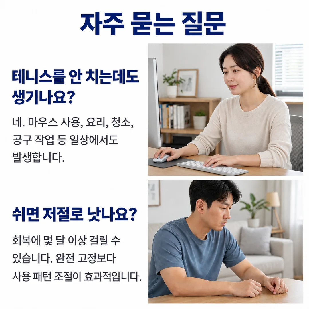테니스를 치지 않아도 팔꿈치 바깥쪽 통증이 생기는지, 쉬면 저절로 낫는지를 다룬 자주 묻는 질문 카드