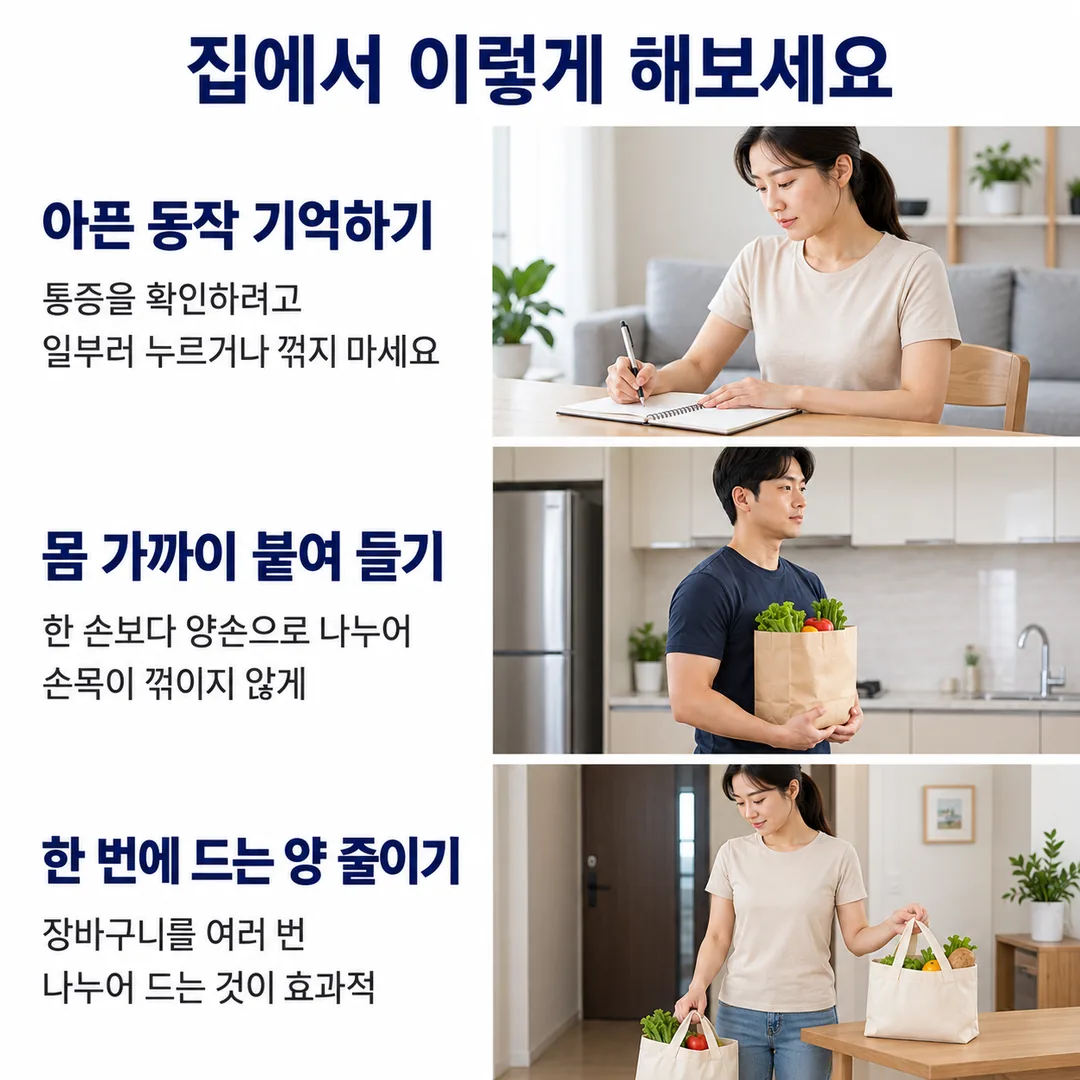 통증을 확인하려고 일부러 누르거나 꺾지 않기, 몸 가까이 붙여서 양손으로 나누어 들기, 장바구니를 여러 번 나누어 드는 것이 효과적이라는 집에서 지킬 세 가지 수칙을 정리한 카드