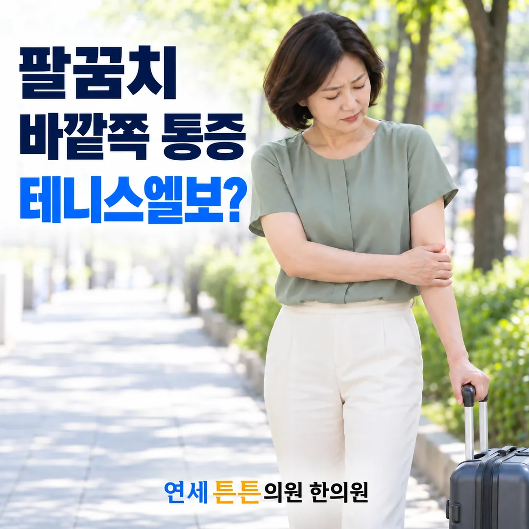 여행용 가방을 끌다가 팔꿈치 바깥쪽을 감싸 쥐는 중년 여성의 모습과, 팔꿈치 바깥쪽 통증이 테니스엘보인지 묻는 연세튼튼의원 한의원 건강정보 안내 카드