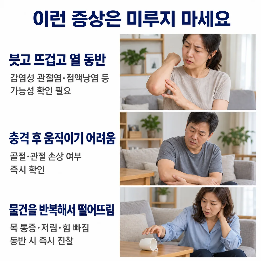 팔꿈치가 붓고 뜨겁고 열이 동반되면 감염 가능성, 충격 후 움직이기 어려우면 골절·관절 손상 가능성, 물건을 반복해서 떨어뜨리며 목 통증·저림·힘 빠짐이 있으면 즉시 진찰이 필요하다는 세 가지 미루면 안 되는 신호를 정리한 카드