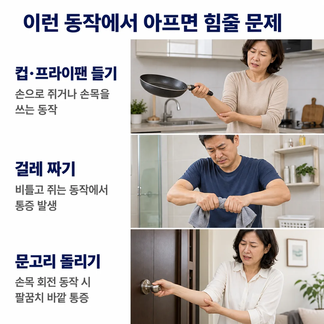 프라이팬을 드는 동작, 걸레를 비틀어 짜는 동작, 문고리를 돌리는 동작에서 팔꿈치 바깥쪽 통증이 나타난다는 세 가지 유발 동작을 정리한 카드