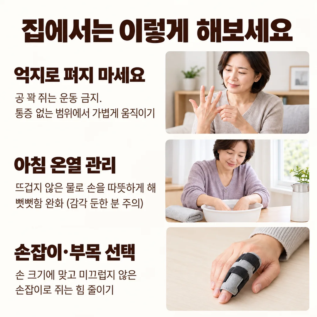 억지로 펴지 않고 통증 없는 범위에서 가볍게 움직이기, 아침 온열 관리, 손 크기에 맞는 손잡이·부목 선택이라는 집에서 지킬 세 가지 수칙을 정리한 카드