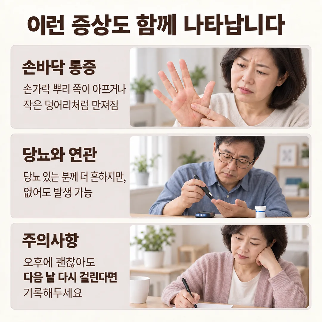 손바닥 쪽 손가락 뿌리 통증을 확인하는 모습, 당뇨 혈당을 체크하는 모습, 다음 날 다시 걸리면 증상을 기록해두라는 주의사항을 정리한 카드