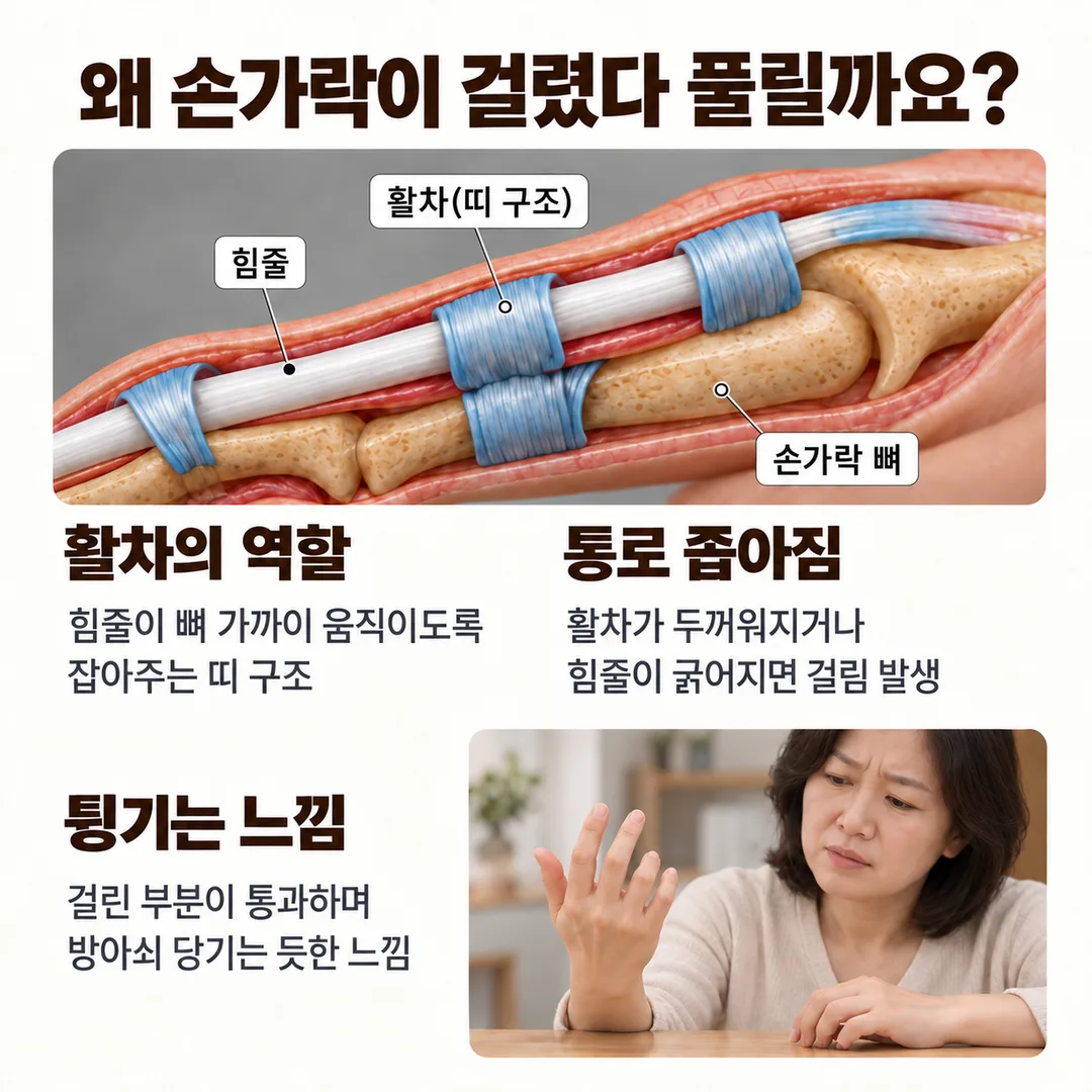 손가락을 구부리는 힘줄이 지나가는 활차 구조의 해부학적 모식도와, 활차의 역할·통로가 좁아지는 원리·걸렸다 튕기는 느낌이 나타나는 과정을 정리한 카드