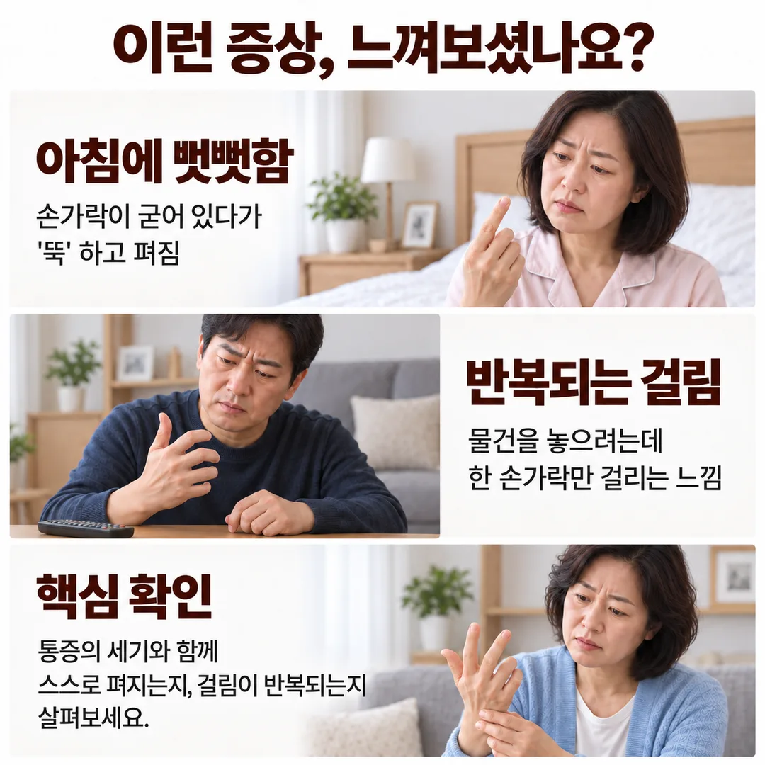 아침에 손가락이 굳어 있다가 뚝 하고 펴지는 모습, 물건을 놓으려는데 한 손가락만 걸리는 느낌, 스스로 펴지는지와 걸림이 반복되는지가 핵심 확인 사항이라는 내용을 정리한 카드