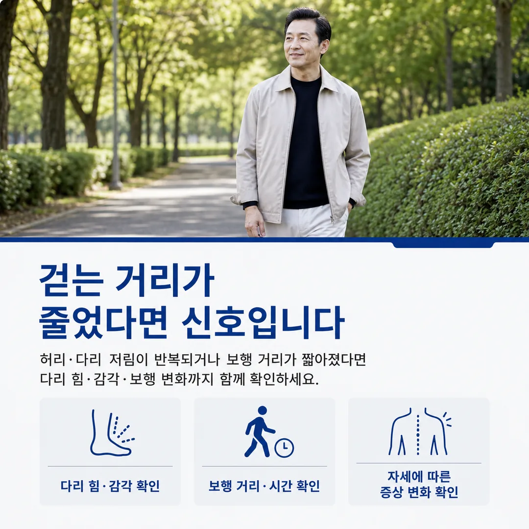 공원 산책로를 걷는 중년 남성과, 허리·다리 저림이 반복되거나 걷는 거리가 줄었다면 다리 힘·감각, 보행 거리와 시간, 자세에 따른 증상 변화를 함께 확인하라는 마무리 안내 카드