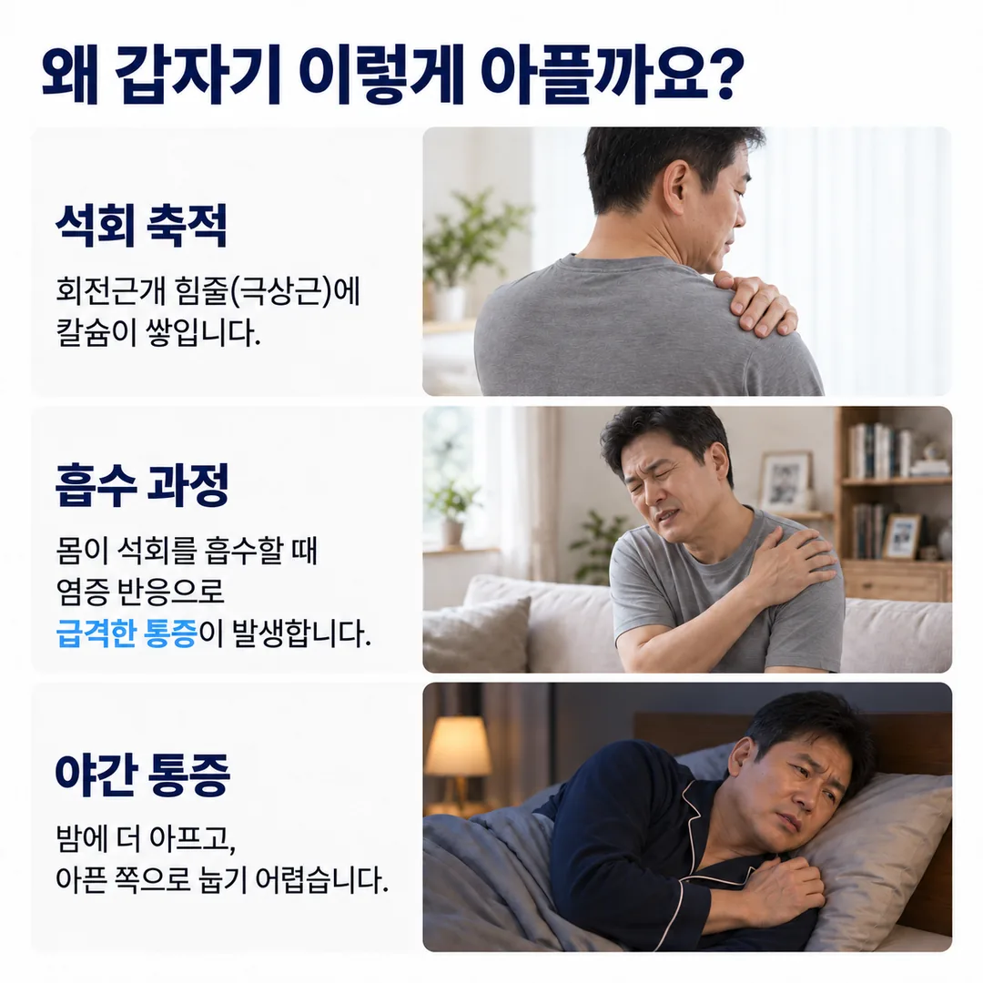 회전근개 힘줄에 석회가 쌓이는 과정, 몸이 석회를 흡수하며 급격한 통증이 발생하는 과정, 밤에 통증이 더 심해지는 특징을 세 장면으로 정리한 카드