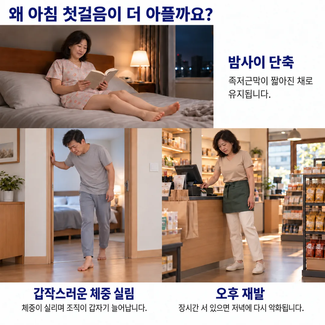 밤사이 족저근막이 짧아진 채 유지되고, 아침에 갑자기 체중이 실리며 조직이 늘어나 아프고, 오래 서 있는 오후에 다시 악화되는 흐름을 세 장면으로 정리한 카드